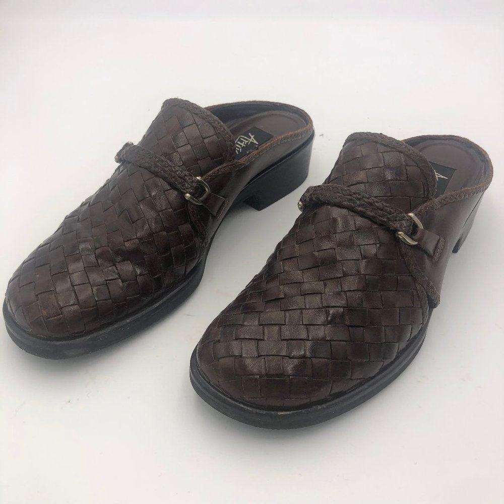 Artiva Lites Brown Basket Weave Leather Mules, Women's Size 8M/EUR 38.5